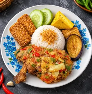 Ayam geprek Pecak Merindu dengan tempe, tahu, dan terong