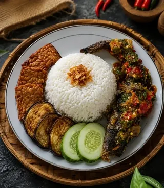 Lele Pecak Merindu dengan nasi, tempe, terong, dan timun