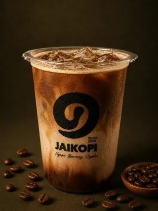 Mokacino dingin, kopi dan susu di gelas Jaikopi