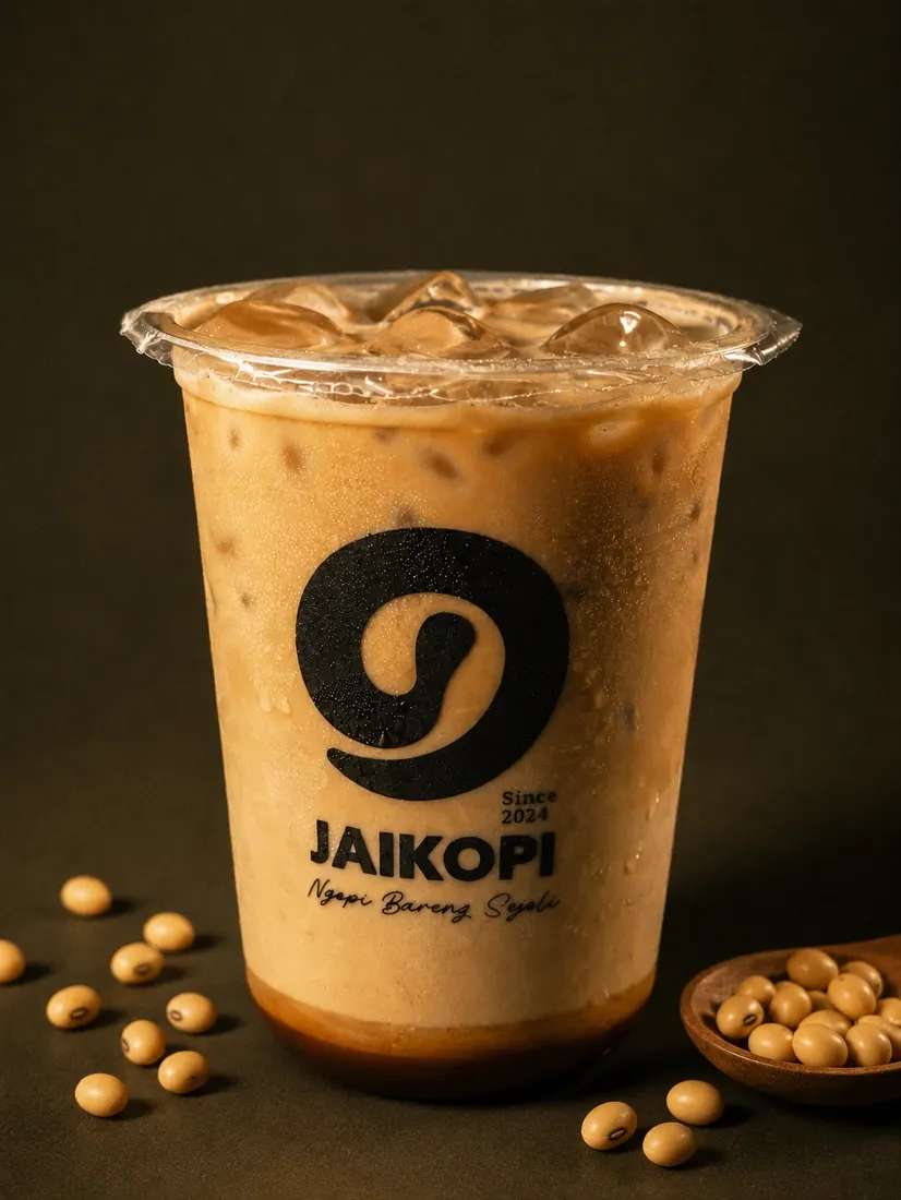 Kopi Jai dingin di gelas Jaikopi dengan biji kedelai di sekitarnya