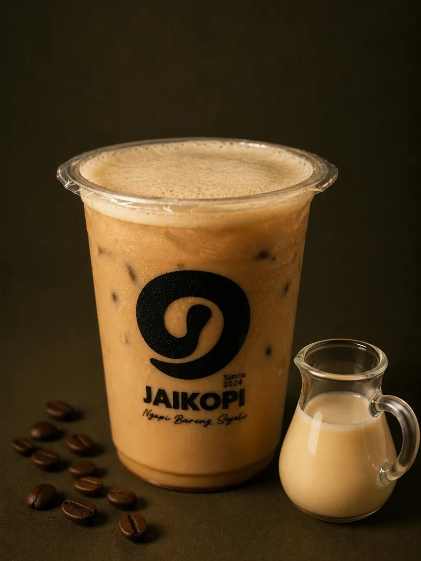 Segelas kopi susu dingin Jaikopi dengan logo J besar di gelasnya