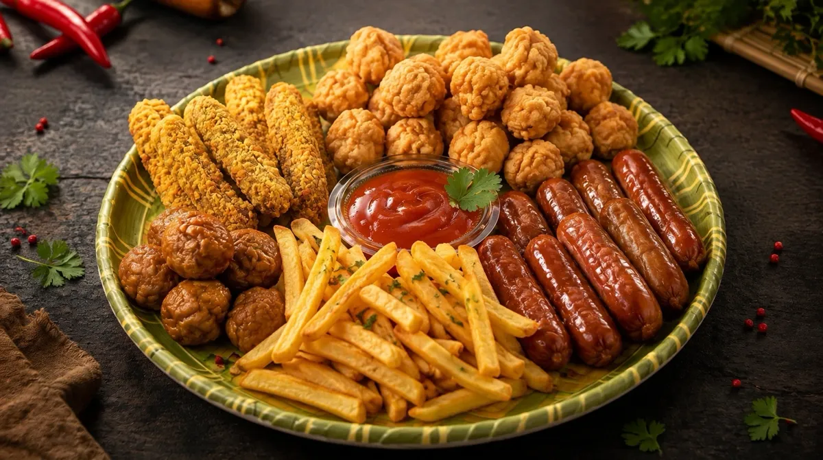 Snack Jumbo Ramai-Ramai: nugget, popcorn ayam, bakso goreng, kentang goreng, dan sosis dalam satu piring besar
